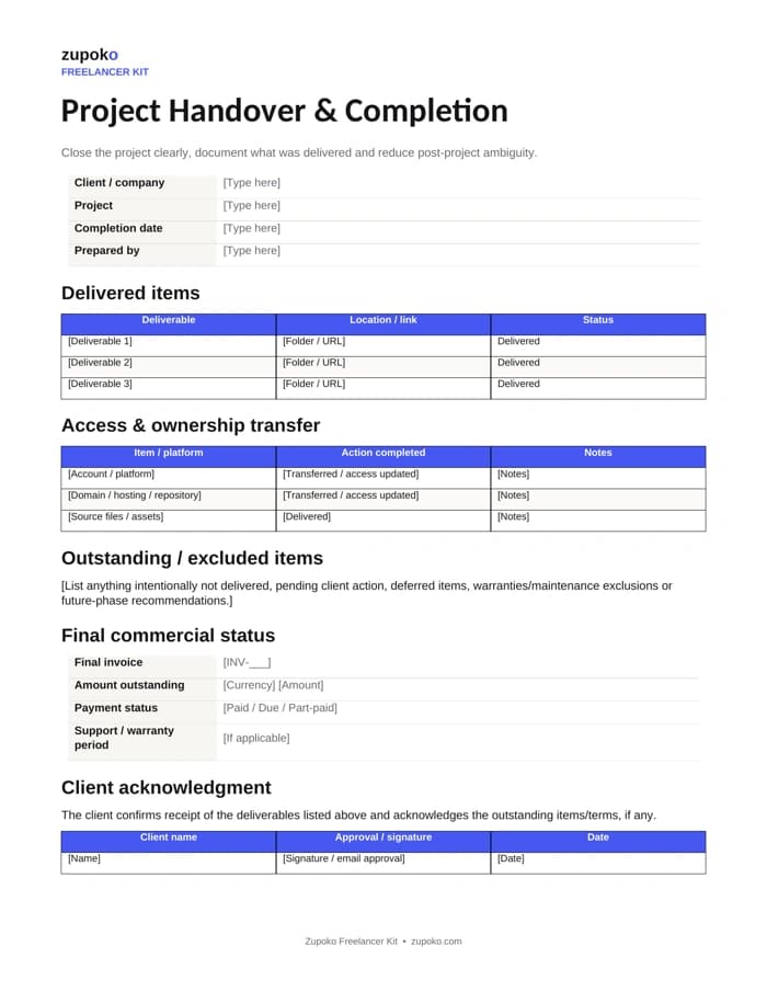Zupoko project handover template preview